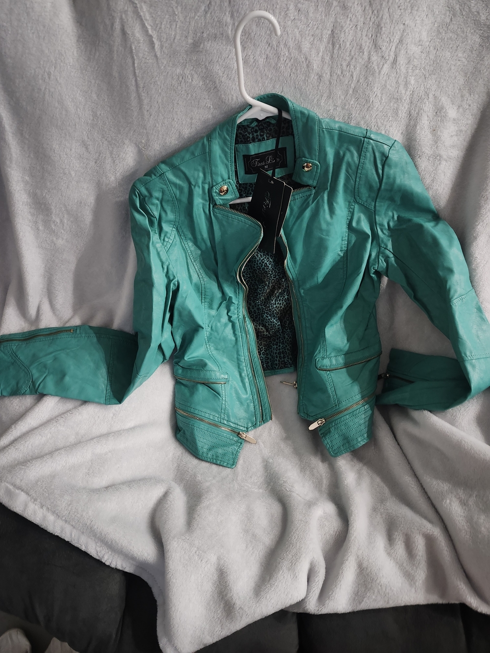 First Lite Teal Faux-Leather Moto Jacket
